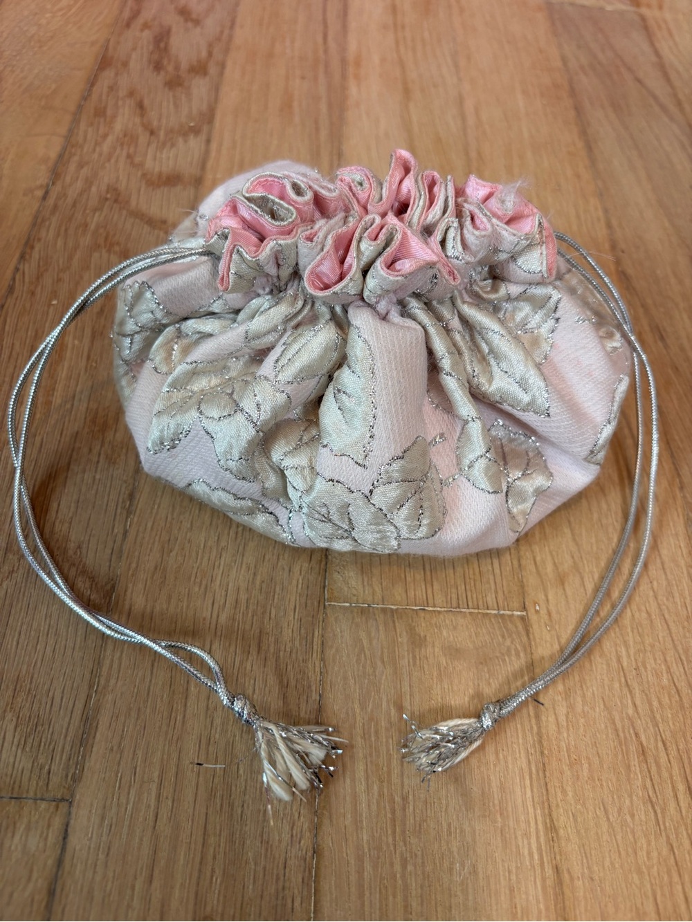 Vintage Pink Satin Embroidered Drawstring Pouch Bag Coquette Lingerie Jewelry